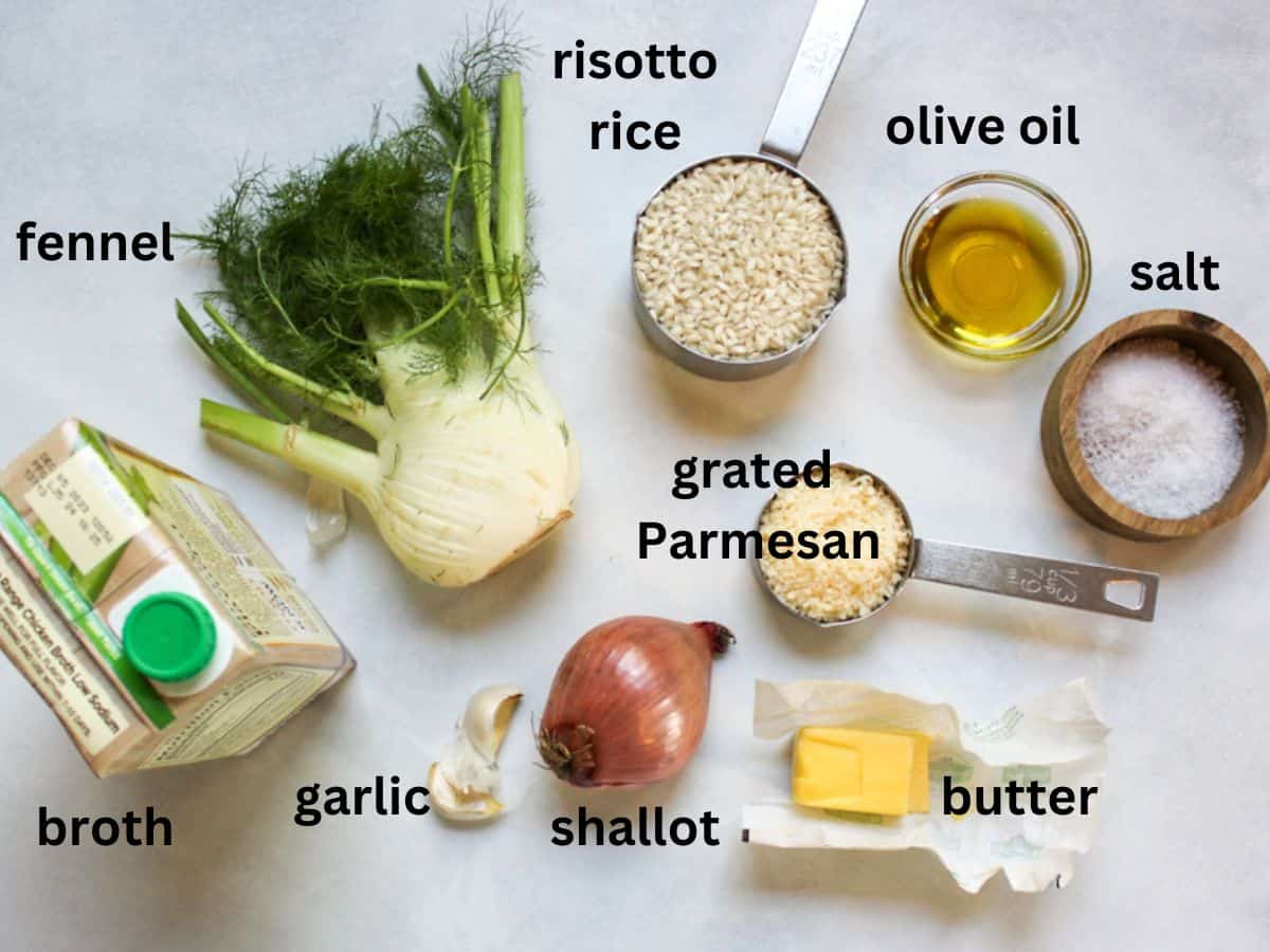 Fennel risotto ingredients on a white background.