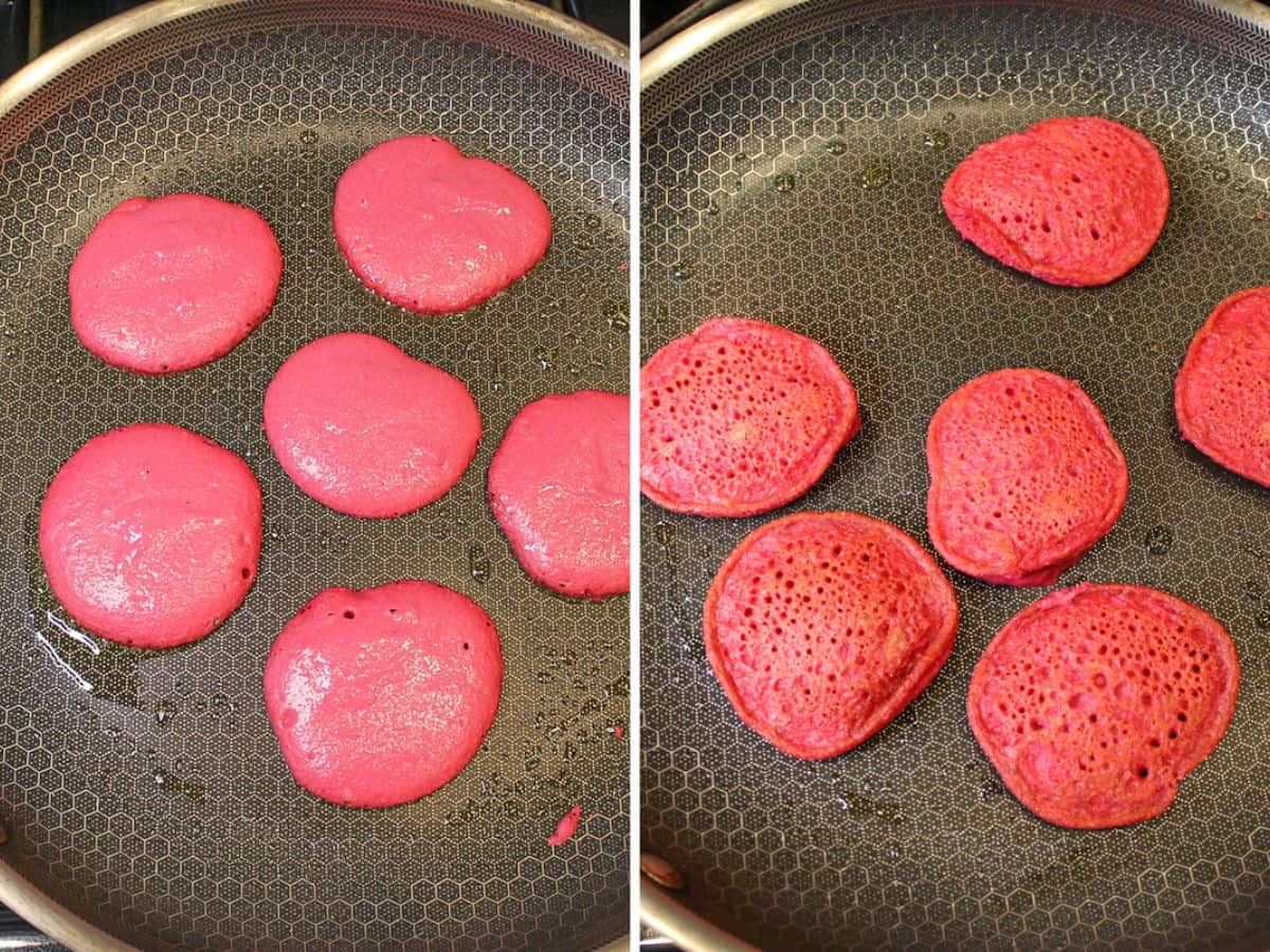 Pancakes are frying in a skillet.