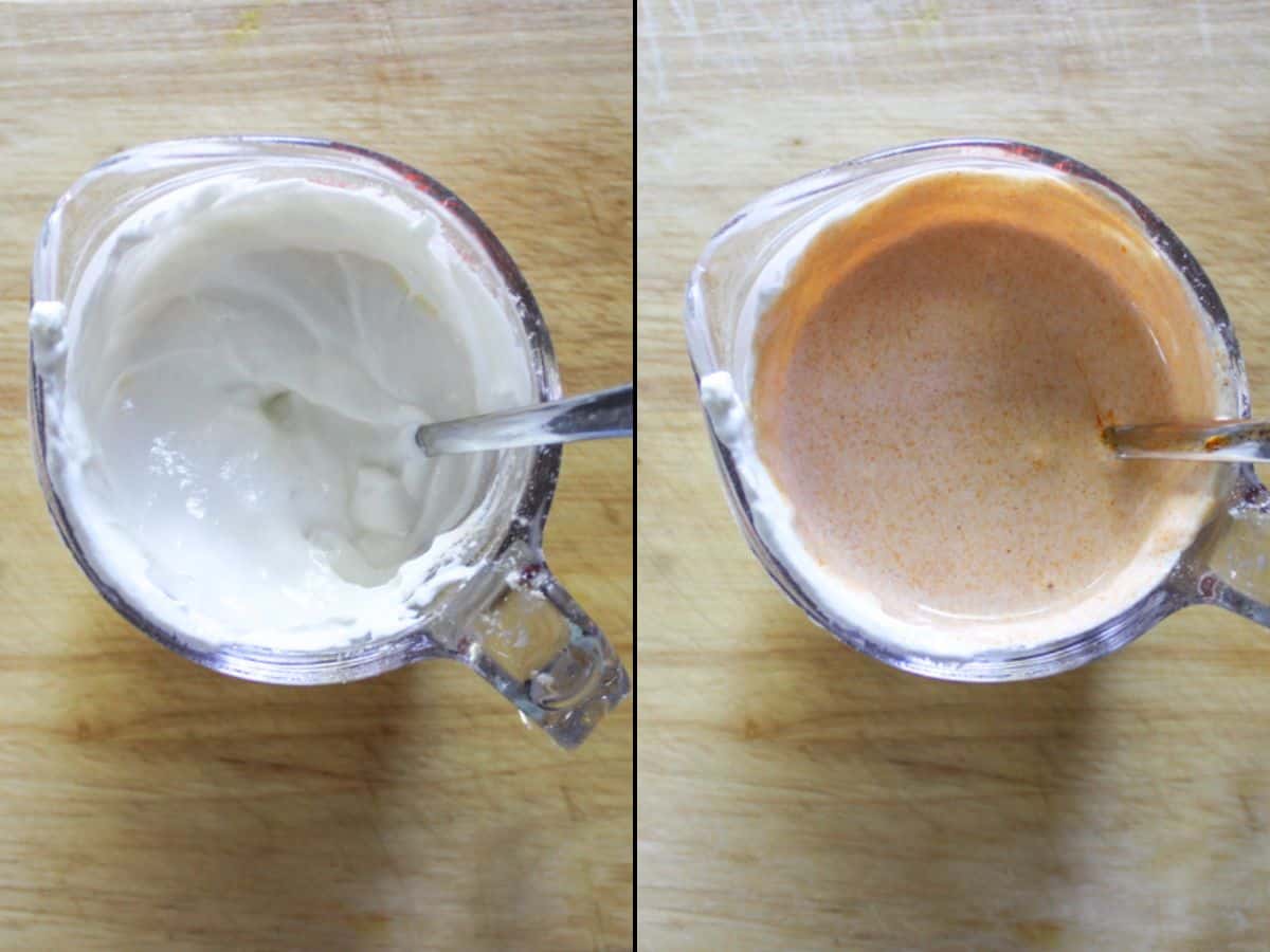 Glass measuring cup with sour cream mixed with flour in the left and tempered sour cream with hot sauce on the right.
