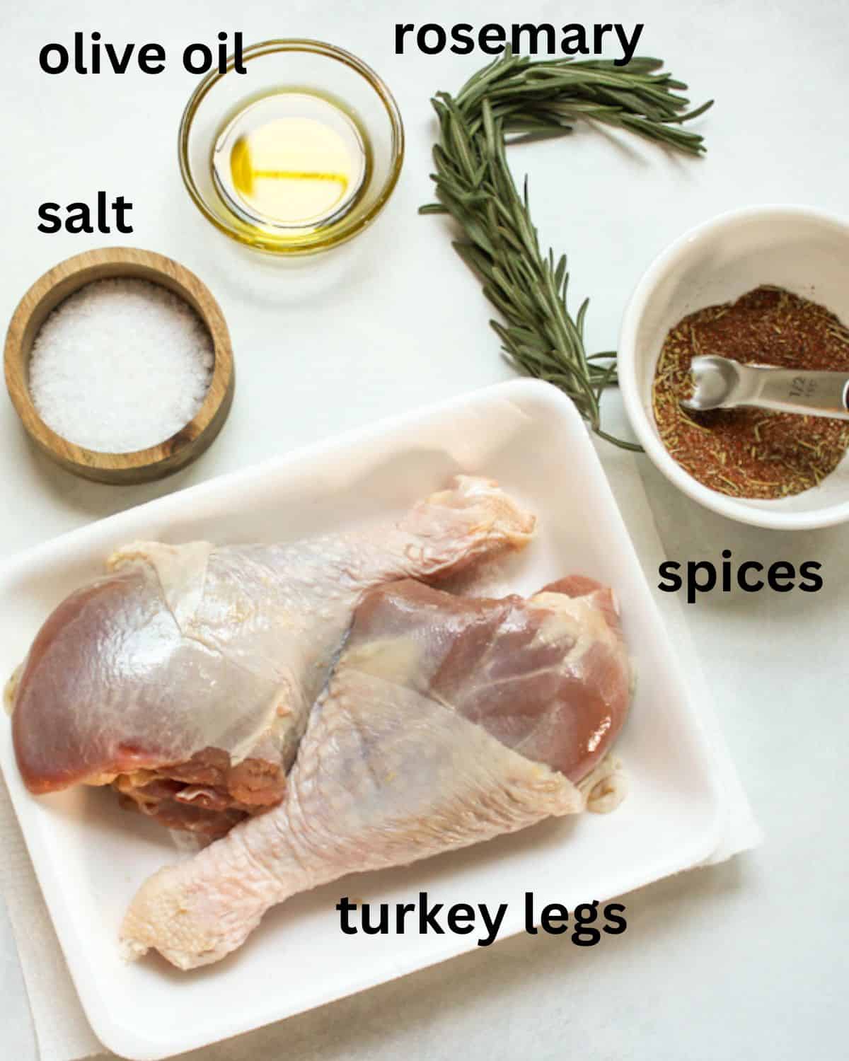 Recipe ingredients on a white background labeled as olive oil, rosemary, salt, spices and turkey legs.