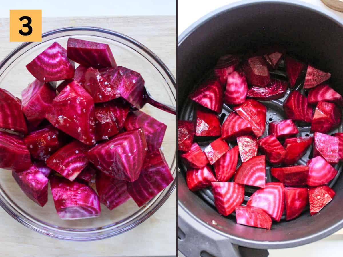 Raw beet pieces coated in oil and salt in a glass bowl on the left. The beet pieces arranged in a single layer in a around air fryer basket.