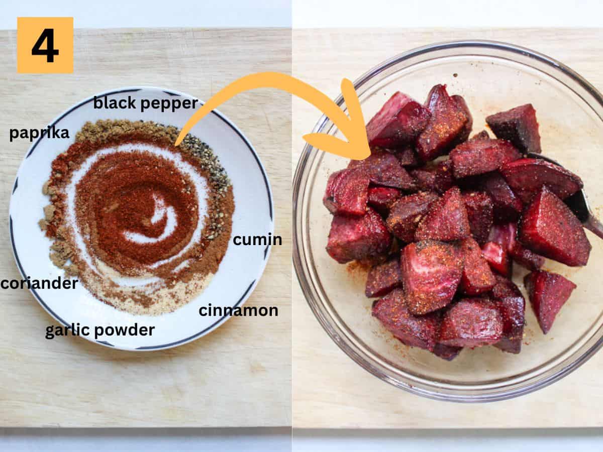 Spice mix in a small white plate on the left. Roasted beets coated in a spice mix in a bowl on the right. There is a yellow arrow pointing from the plate to the air fryer.