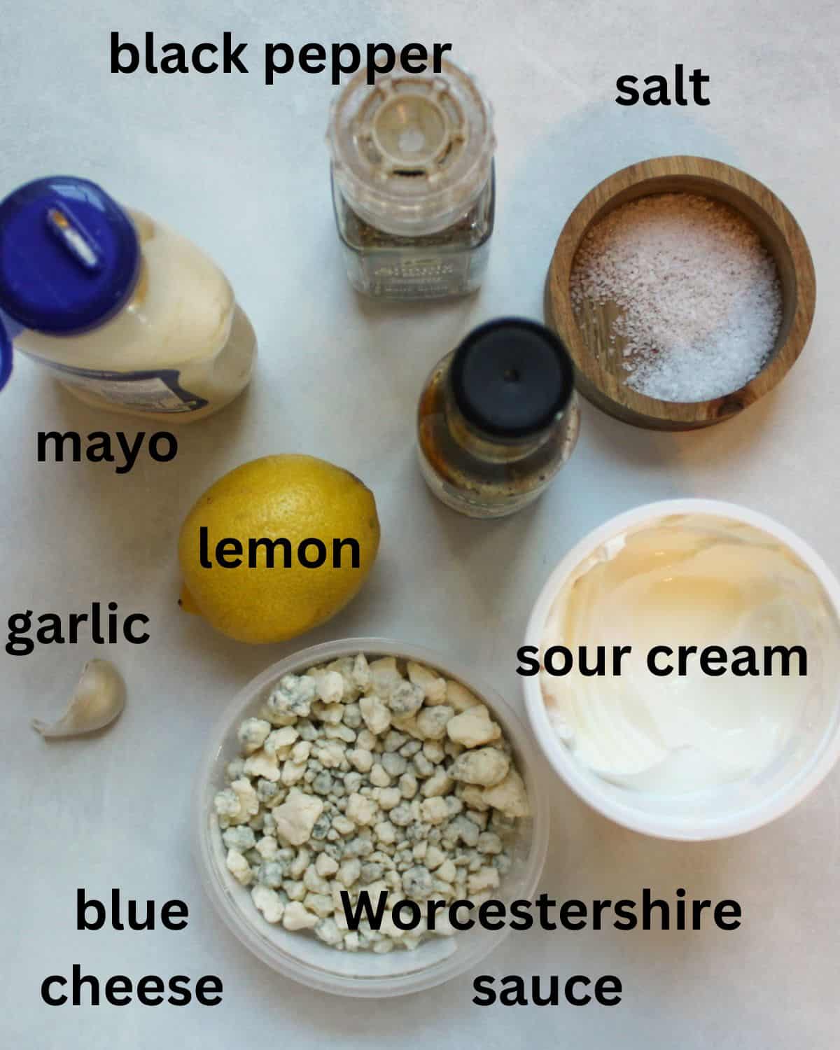 Recipe ingredients labeled as mayo, garlic, lemon, blue cheese, Worcestershire sauce, sour cream, salt.