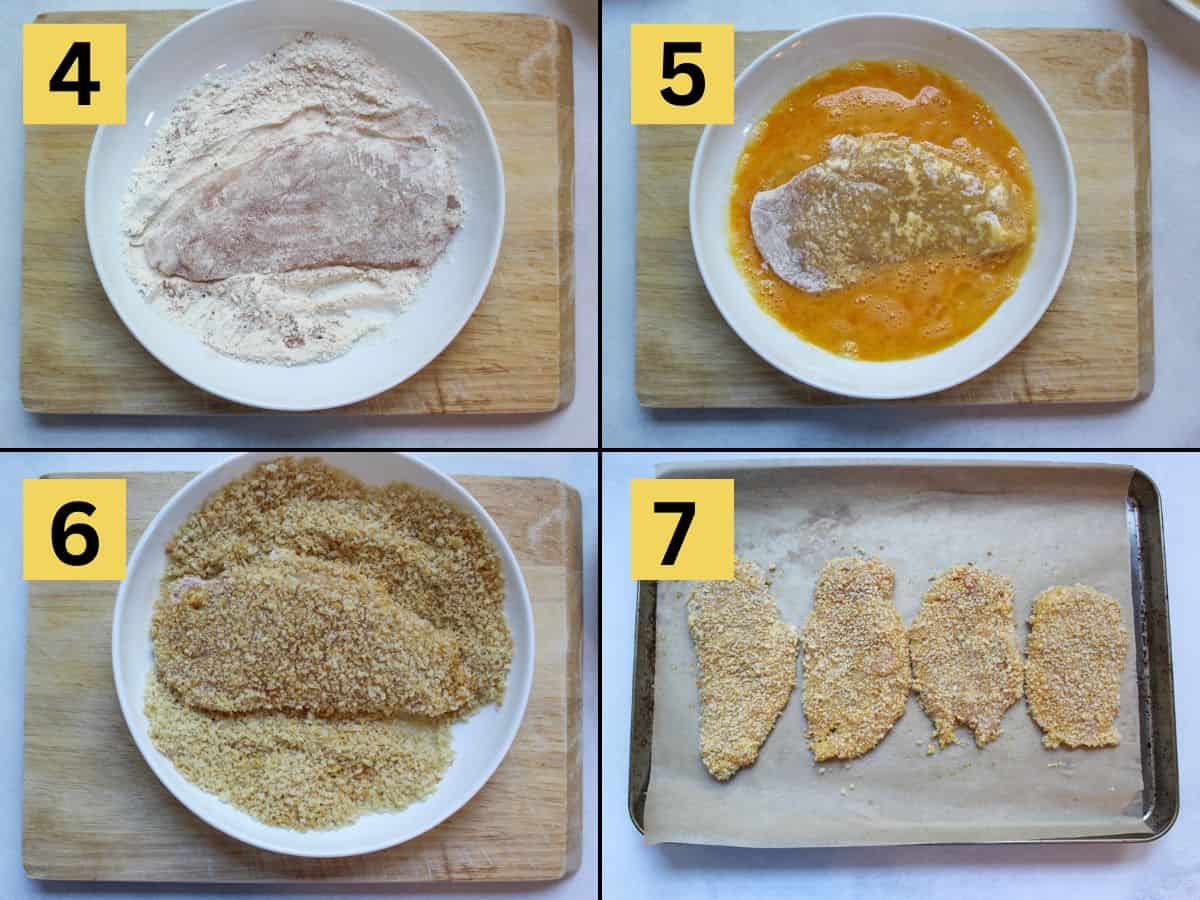 Steps four, five, six and seven. One chicken cutlet coated in flour, then in eggs, followed by breadcrumbs and finally, placed on a baking pan lined with parchment paper with the rest of the cutlets.