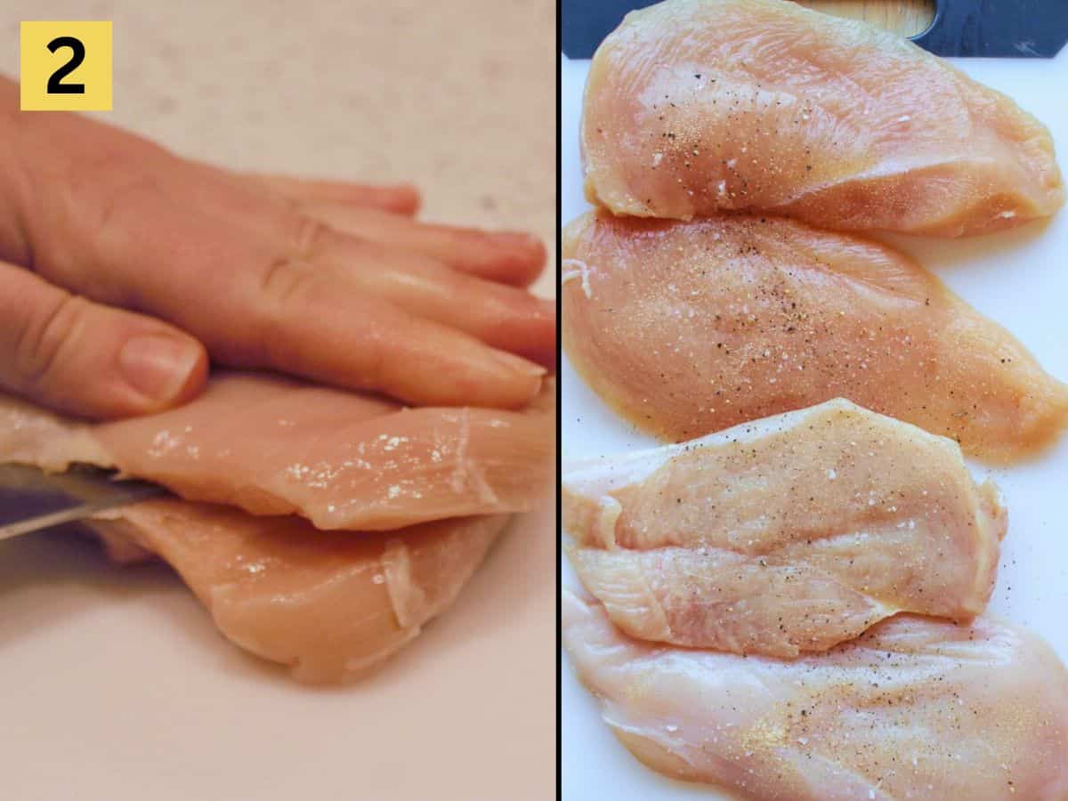 Step two. The process of slicing chicken breasts horizontally into thin cutlets on the left. Cutlets are seasoned with salt and pepper on a cutting board.