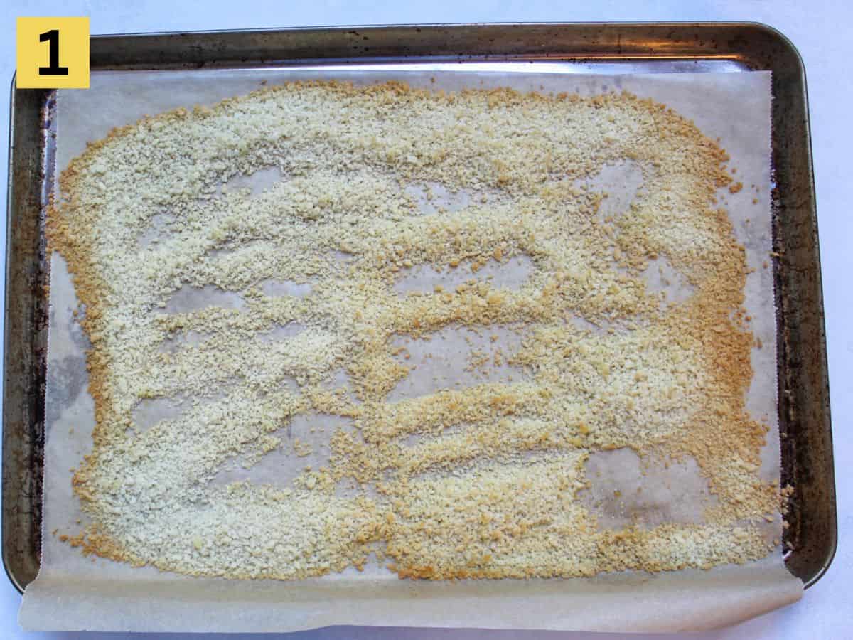 Step one. Lightly toasted panko crumbs on a pan sheet lined with parchment paper.