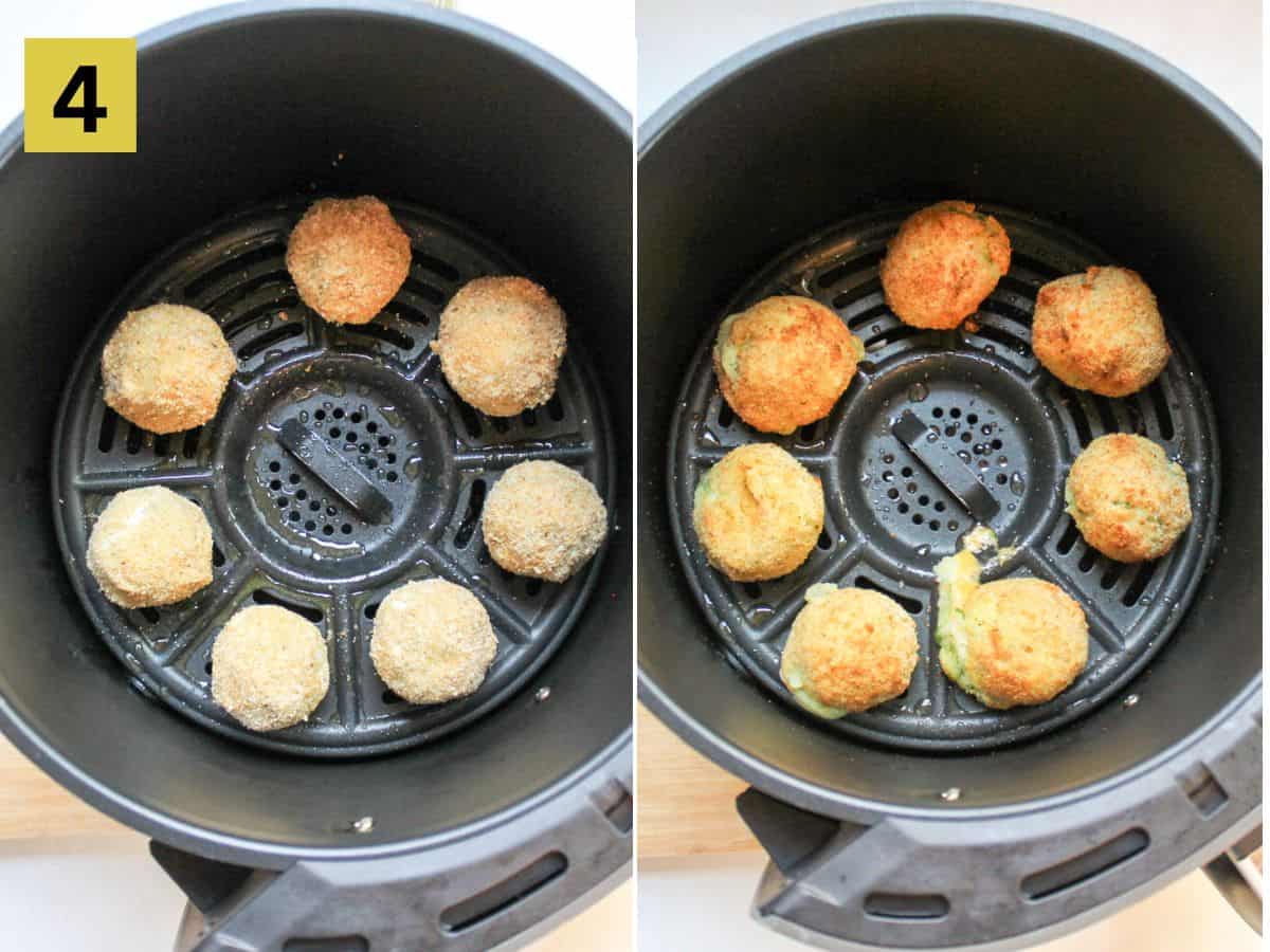 Formed and breaded balls in the air fryer basket on the left.Golden brown balls on the right after air frying.