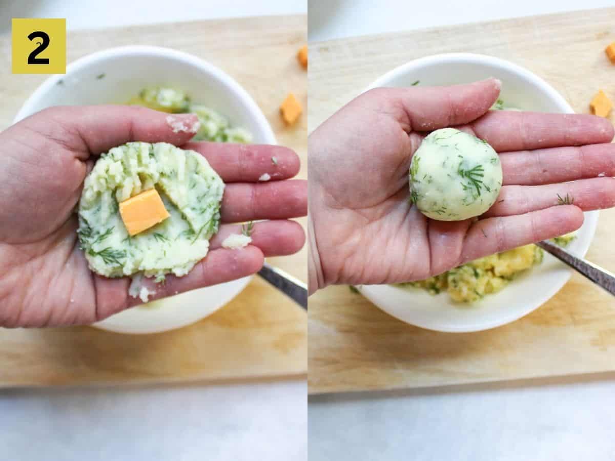 The process of forming mashed potato balls with hands and stuffing it with a cube of cheddar in the middle.