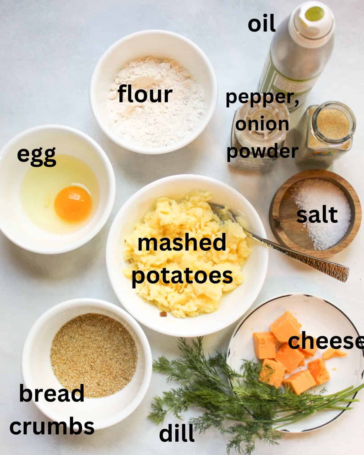 Recipe ingredients on a white background labeled as egg, flour, mashed potatoes, bread crumbs, cheese, dill, salt, pepper, onion powder