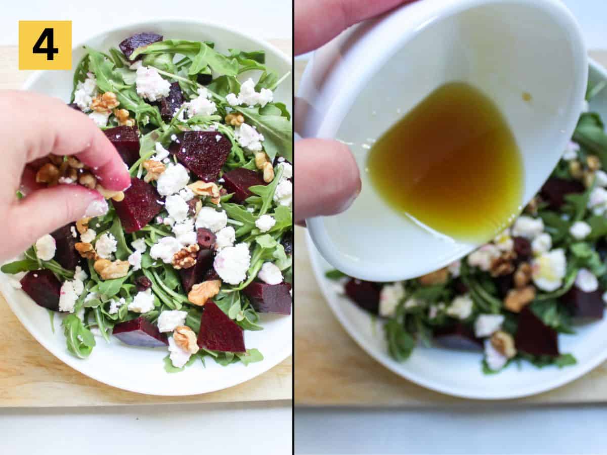 Assembling the arugula, beets, and goat cheese salad on the left image. Drizzling the remaining dressing over the salad on the right image.