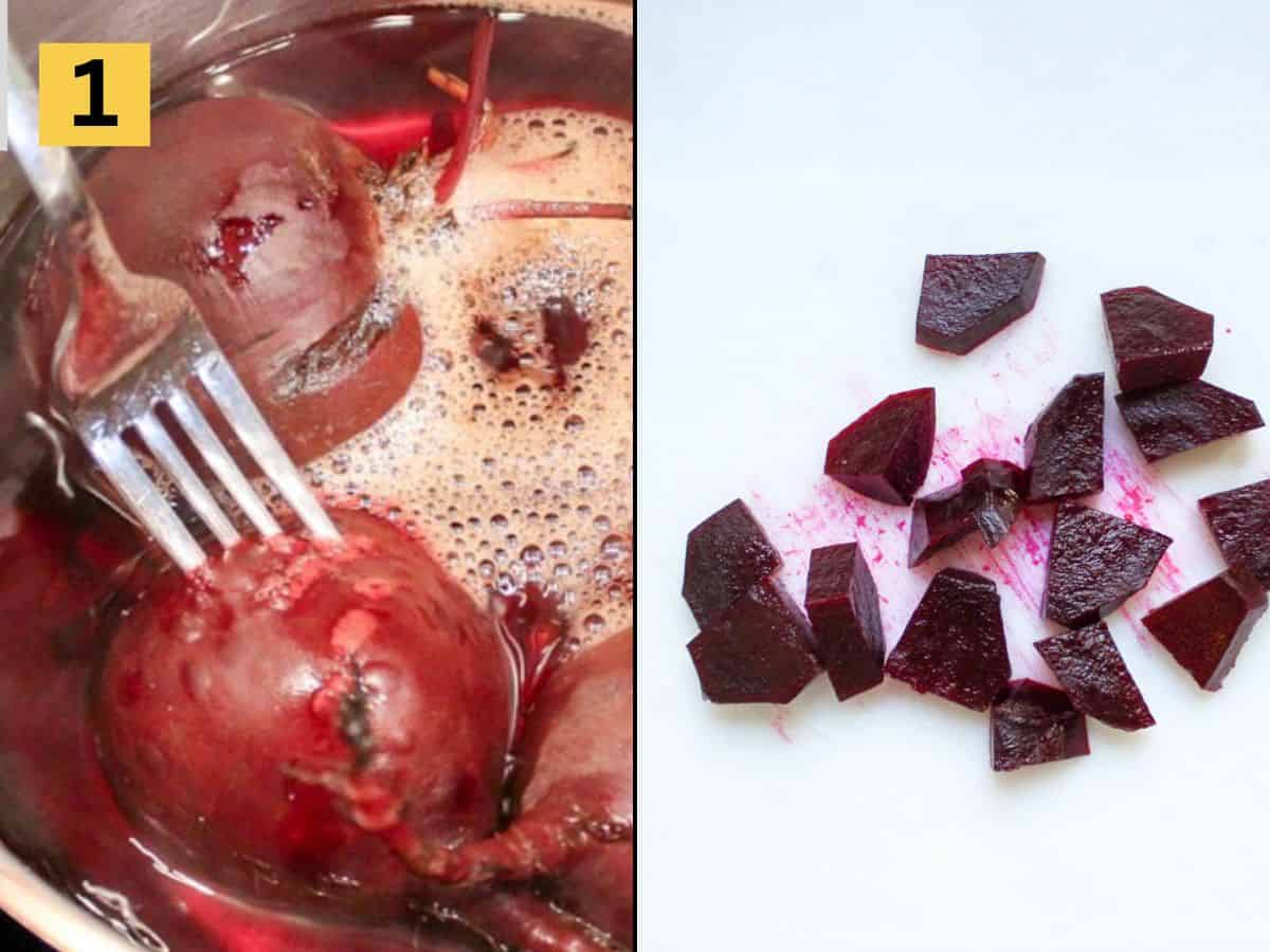 Whole beets boiling in a pot filled with water on the left. Cooked beets cut into pieces on a cutting broad on the right.