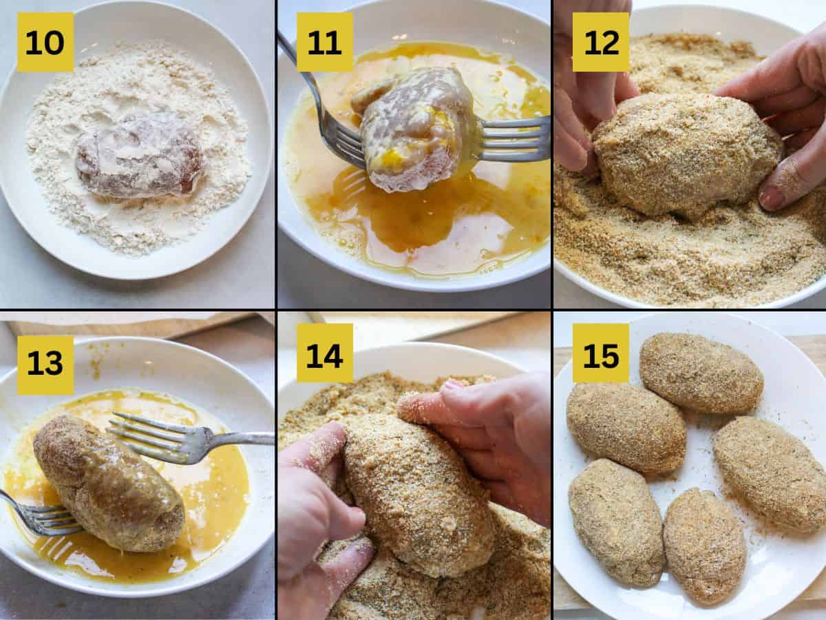 The step-by-step process of breading chicken in white shallow dished in this order: flour, eggs, breadcrumbs, eggs and breadcrumbs again.
