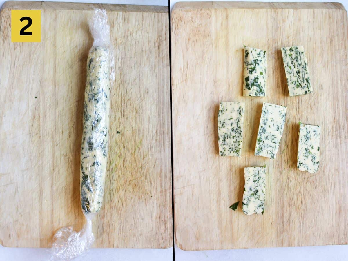 Compound herb butter rolled in a log and wrapped in a plastic wrap on the left image. Frozen compound butter cut into chunks on the right image.