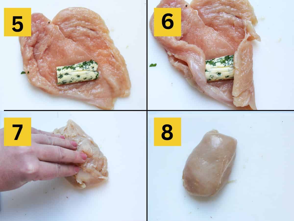 The step-by-step process of rolling the butter filling inside the chicken cutlet.