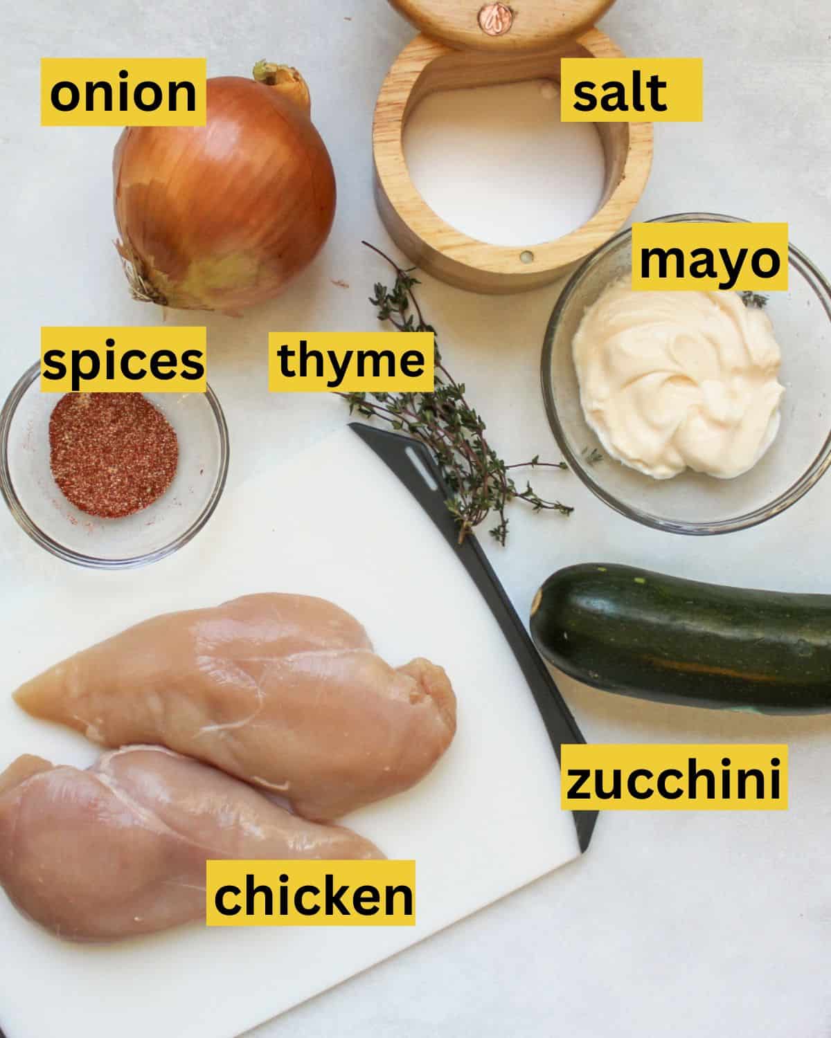 All the recipe ingredients arranged on a white background, each labeled onion, spices, chicken, salt, thyme, mayo, zucchini.