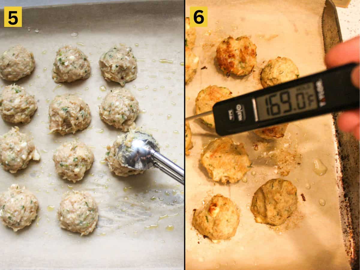 Forming the meatballs with a cookie dough scoop and arranging them on a baking pan on the left. Checking the internal temperature of baked meatballs with the meat thermometer on the right.