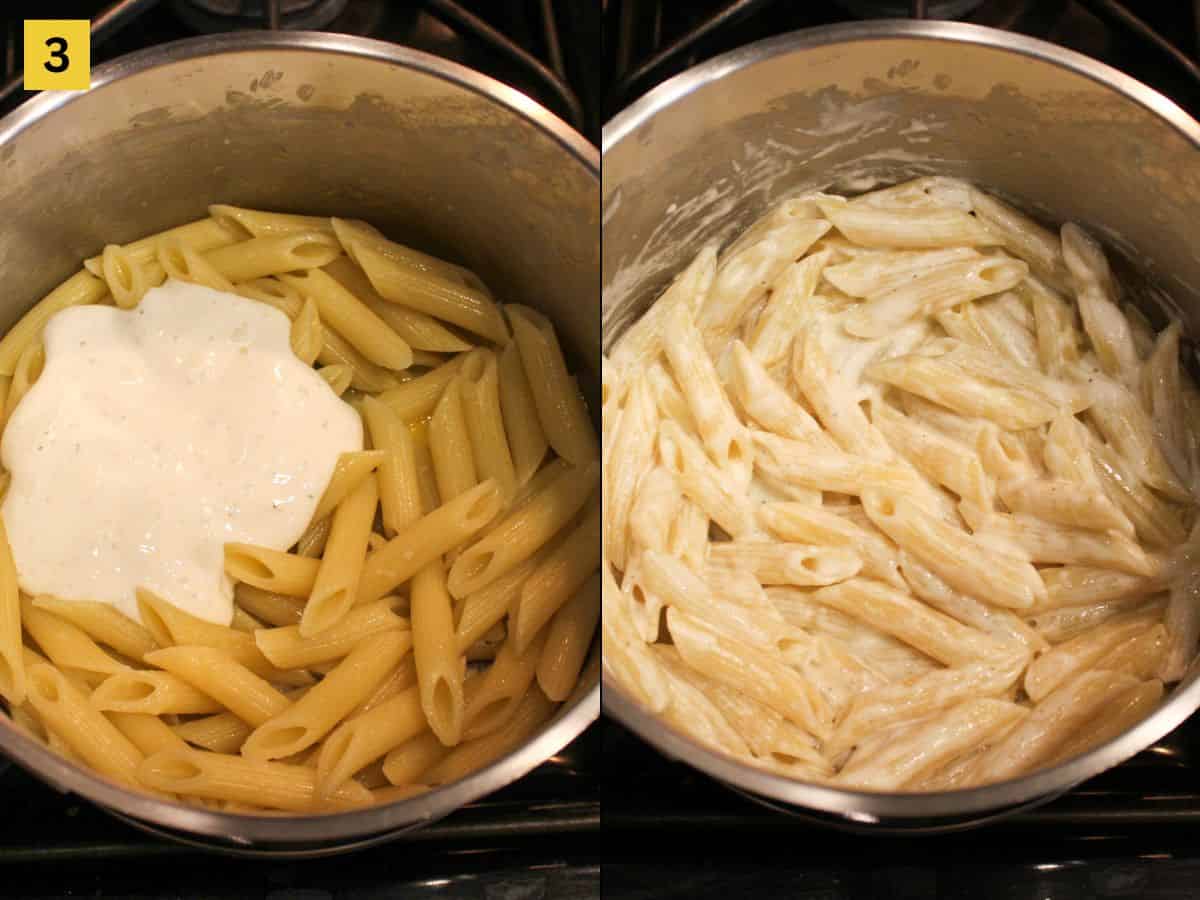 The process of pouring the cottage cheese sauce over the paste and mixing it.