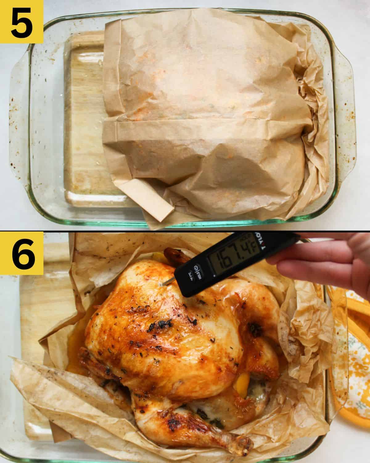 The process of placing the chicken in a bag for baking and checking the internal temperature after roasting.