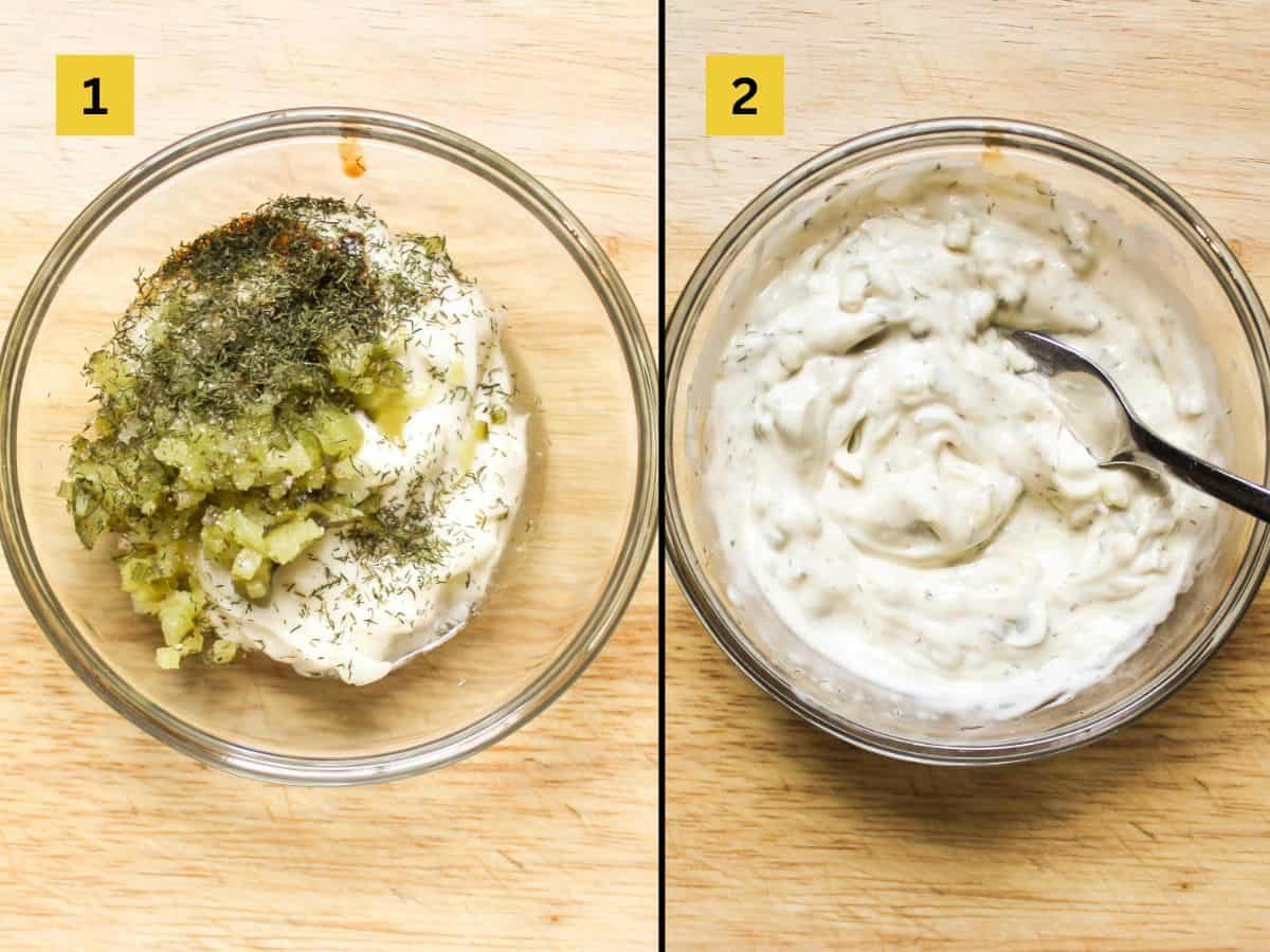 Split image showing two recipe stages: 1. adding the ingredients into the glass bowl. 2. Mixing the ingredients until well combined into the sauce.