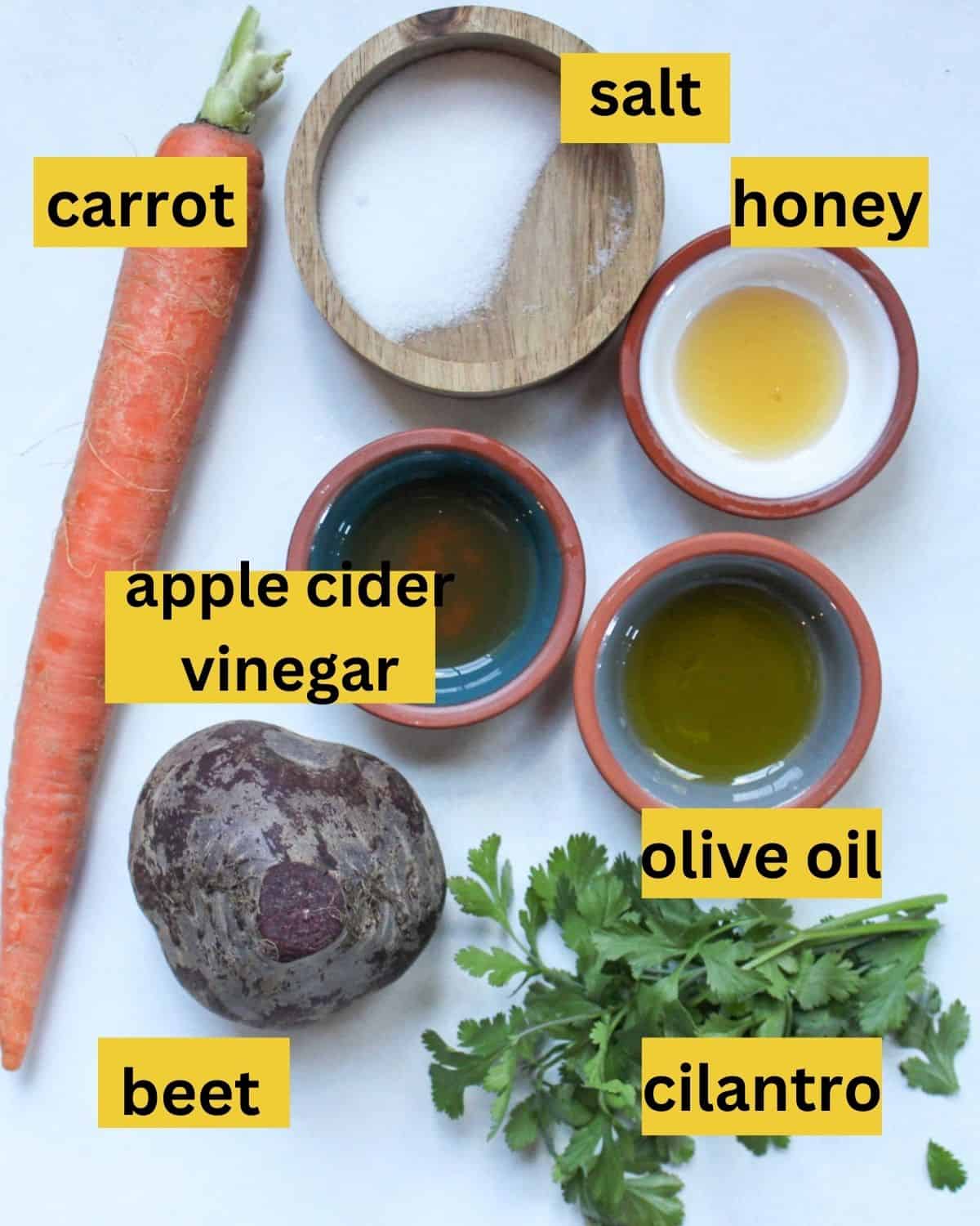 Recipe ingredients on a white background labeled as carrot, beet, apple cider vinegar, cilantro, olive oil, honey, salt.