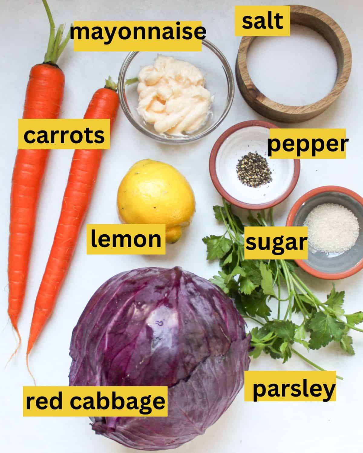 All recipe ingredients arranged on a white background and labeled as carrots, red cabbage, lemon, salt, pepper, mayonnaise, parsley.