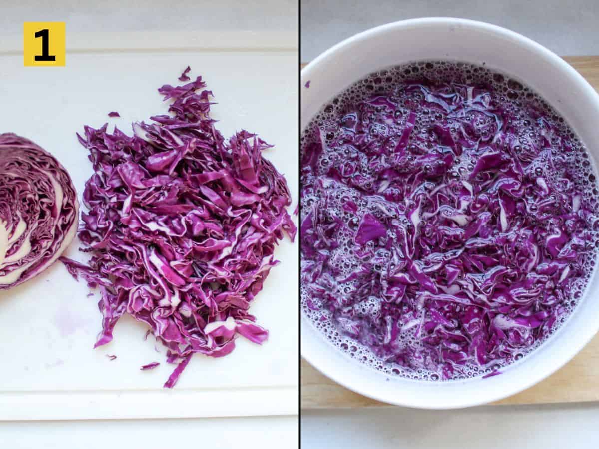 Split image with the finely shredded red cabbage on the left, and shredded cabbage in a bowl filled with water on the right.