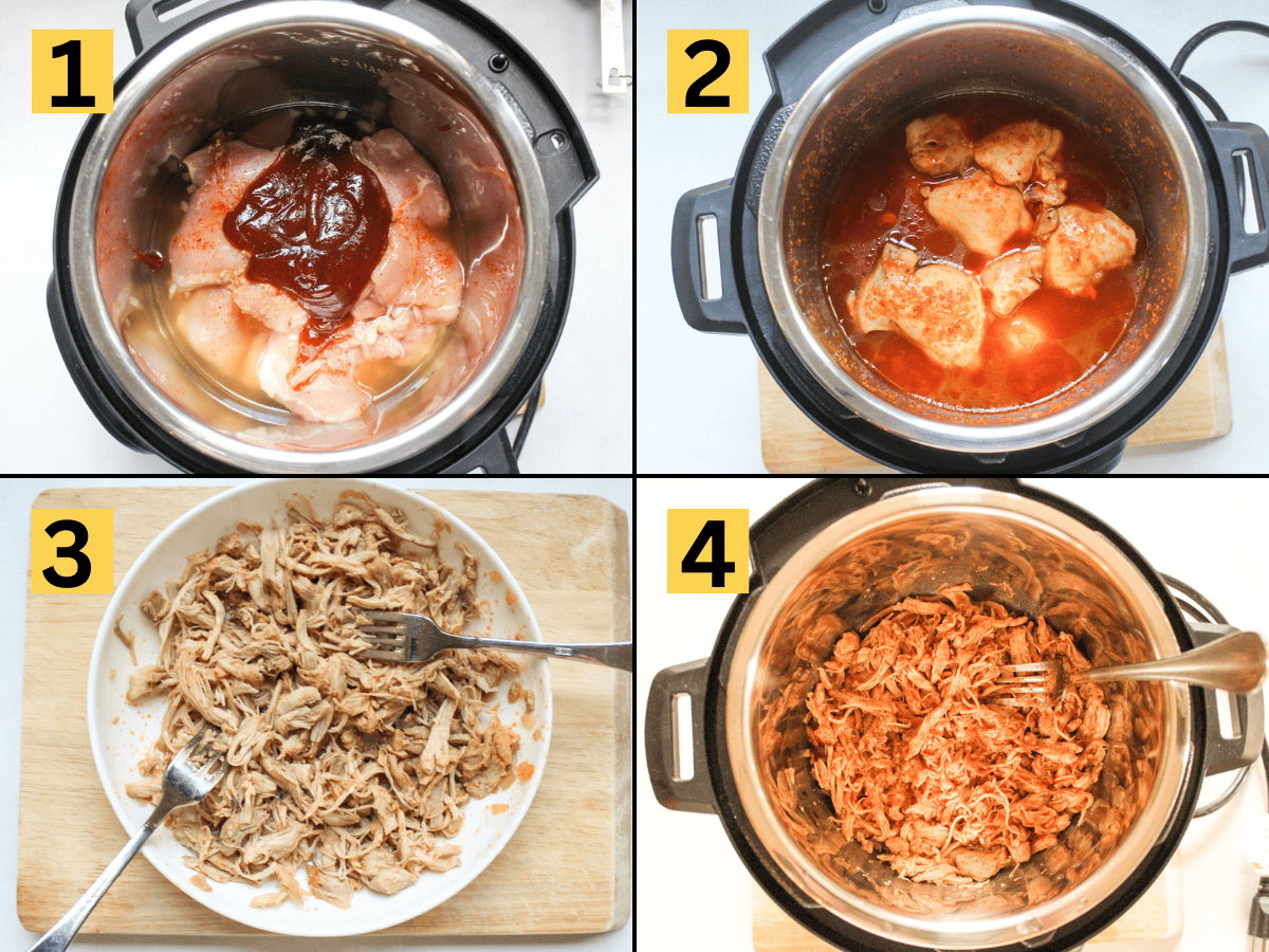 Instant Pot pulled BBQ chicken thighs: seasoned, layered in the pot with BBQ sauce, shredded after cooking, and tossed in a sauce. 
