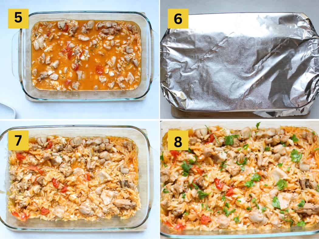 A collage picture featuring 4 process images guiding step-by-step on how to combine the ingredients in a baking dish, covering it with a foil, baking and finishing it with fresh herbs.