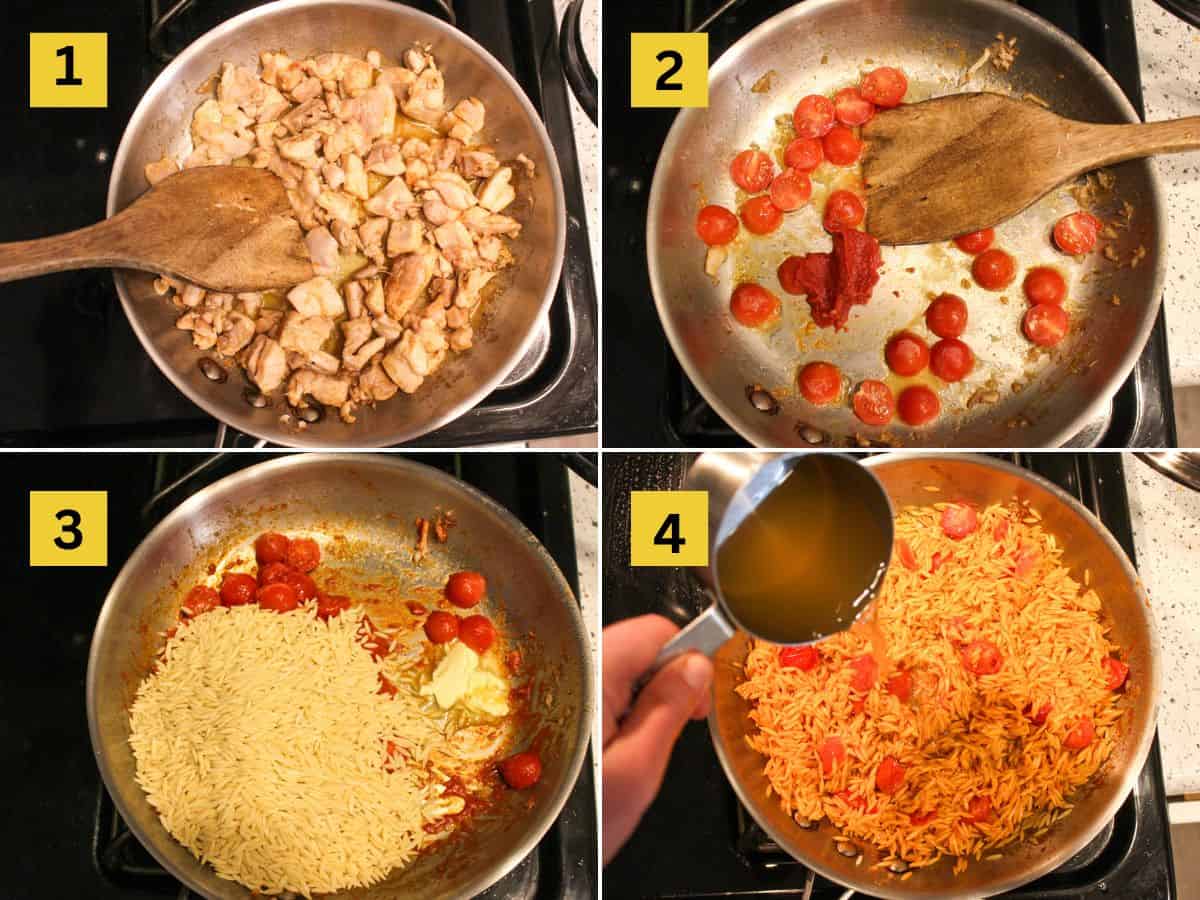 A collage picture featuring 4 process images guiding step-by-step on how to cook chicken, sauté tomatoes and tomato paste and toast orzo with butter and adding broth.