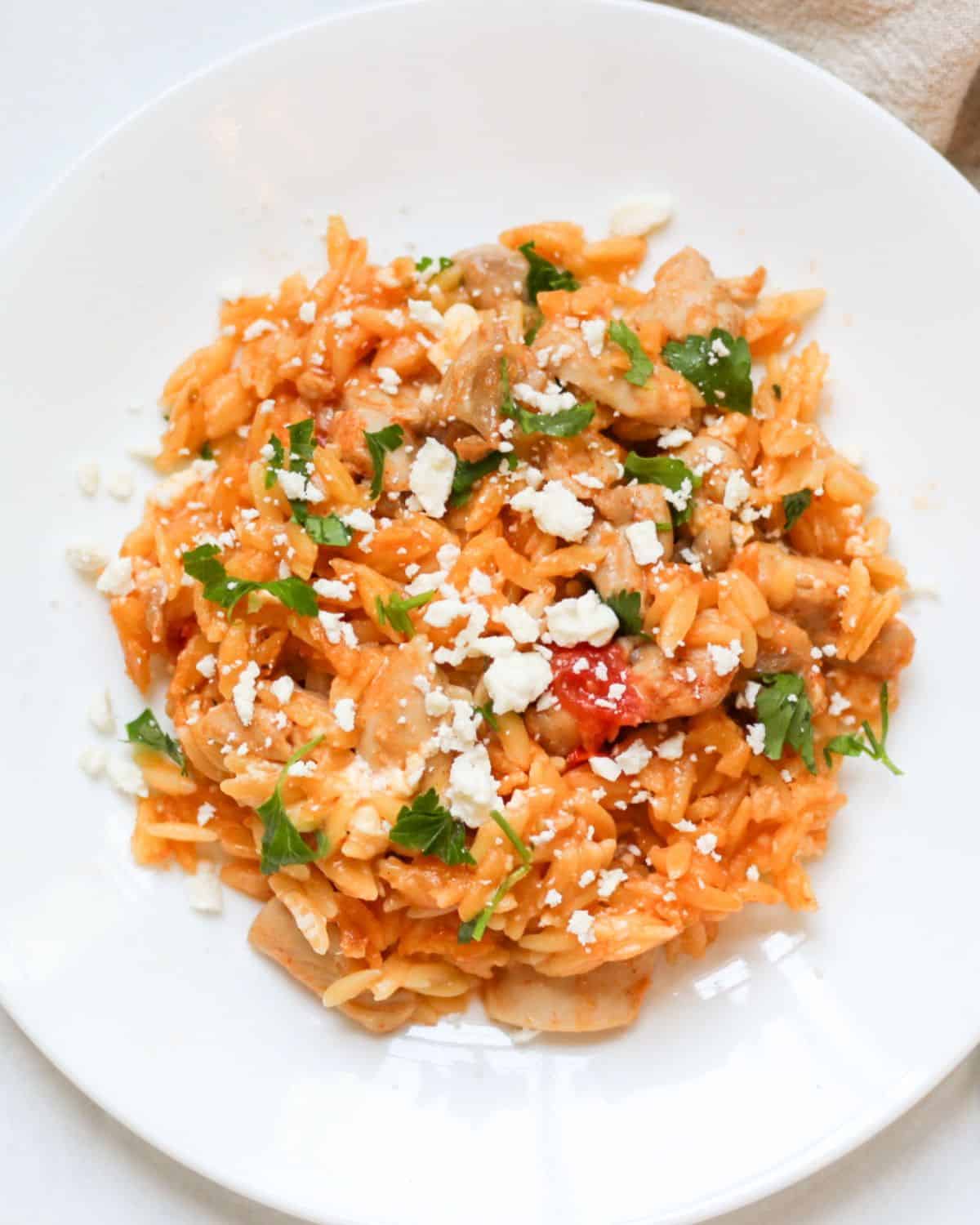 A white plate with creamy orzo and chicken dish garnished with feta crumbles and green parsley.