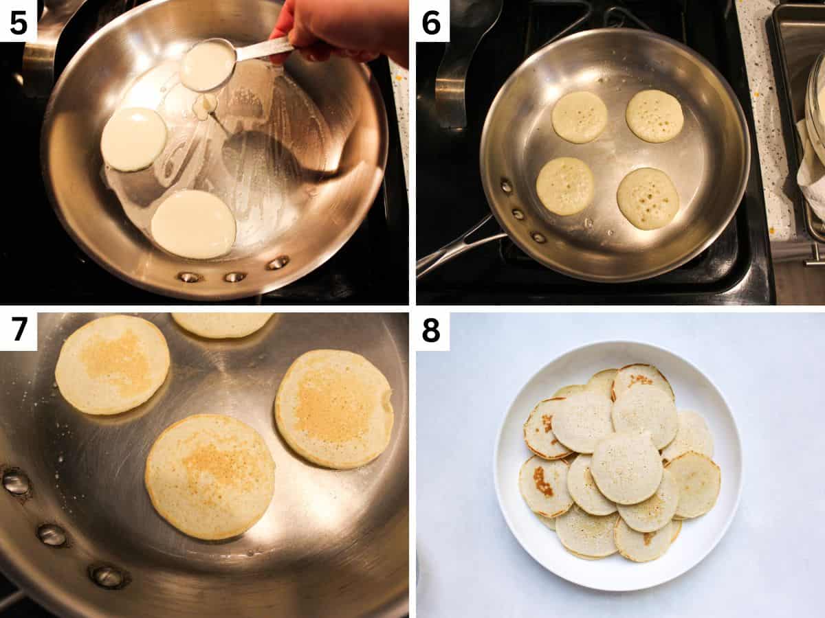 Cooking mini pancakes on a skillet and placing cooked pancakes on a white plate. 