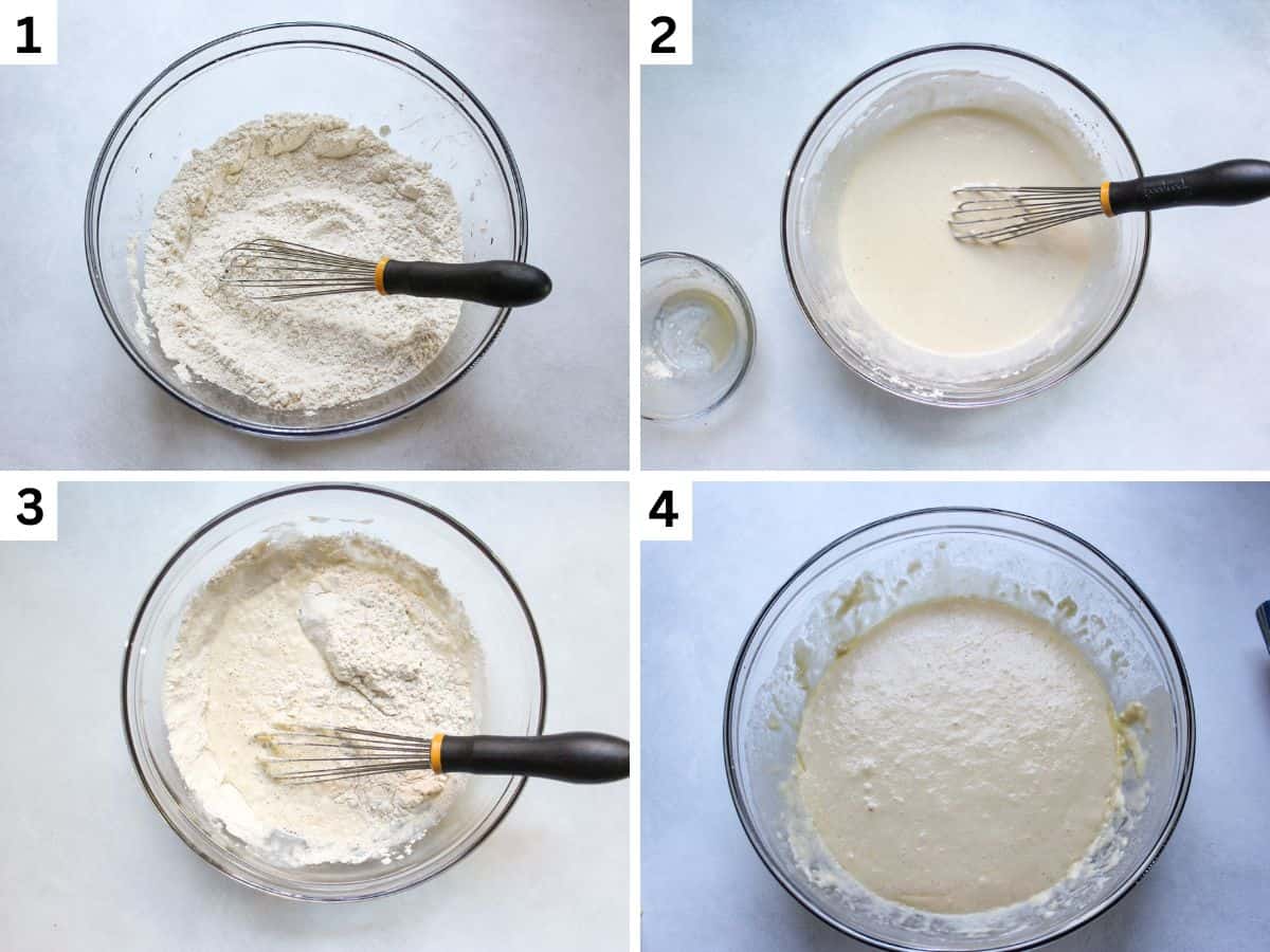 Mixing dry ingredinets in a bowl. Mixing wet inngredients in a bawl. Mixing the pancake batter and letting it rest. 