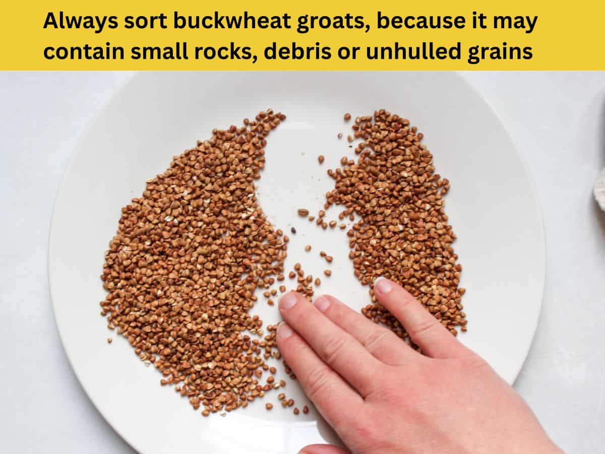 sorting dry buckwheat groats on a flat plate.