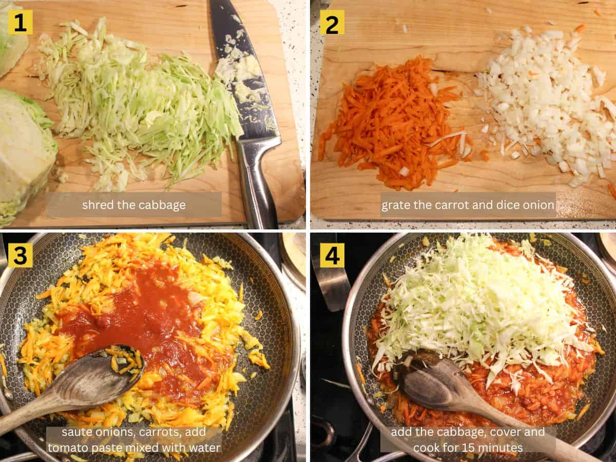 Step-by-step collage showing how to prepare the cabbage filling: shredded cabbage on a wooden cutting board, grated the carrots and diced the onions on a wooden cutting board, cooked carrots and onions with added tomato paste in a large skillet, added shredded cabbage to the skillet.