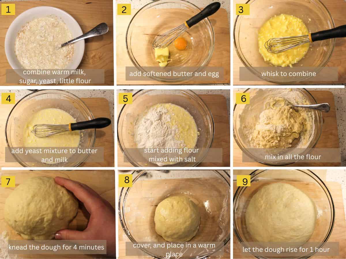 Step-by-step collage image showing how to make yeast dough for the cabbage pie: mixed yeast with warm milk in a glass bowl, whisked egg and butter in a bowl, yeast mixture added to the bowl, added flour, mixed and kneaded dough, dough formed in a ball in a glass bowl, doubled in size dough in a large bowl.