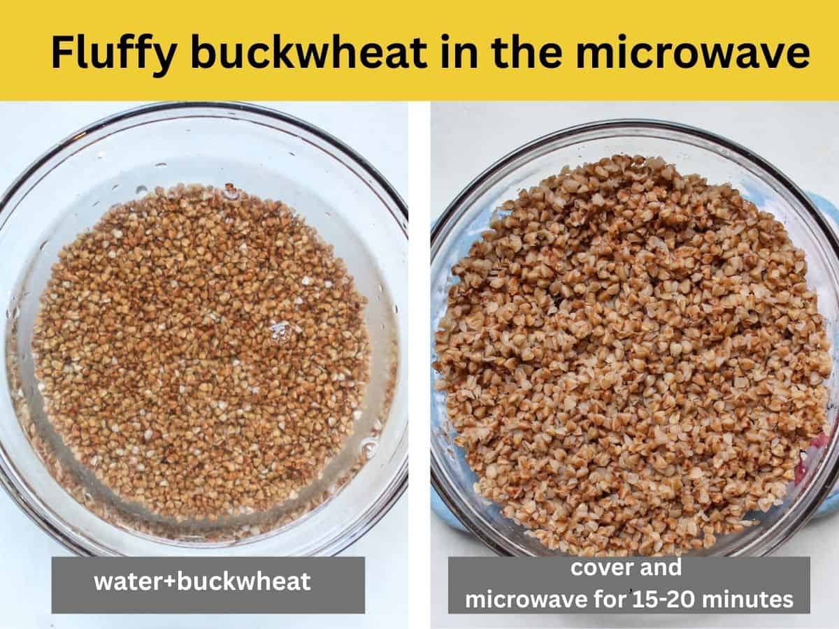 Split image: lefts side shows a glass bowl filled with uncooked buckwheat and added water, right side shows perfectly cooked microwaved buckwheat in the bowl.