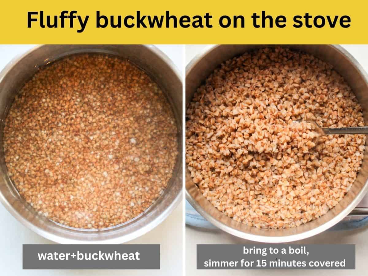 Split image: left side shows a pot filled with uncooked buckwheat and water, right side shows perfectly cooked buckwheat in the pot.