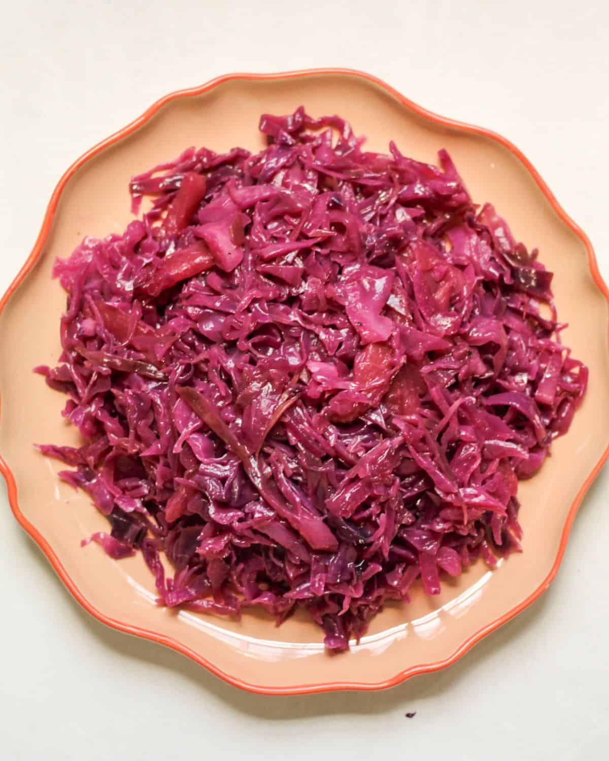 Braised red cabbage served on a plate.