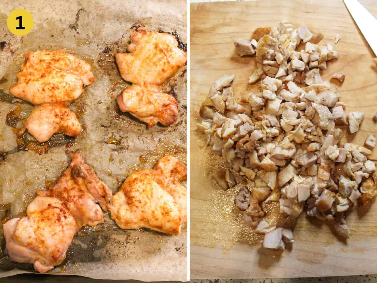 Roasted boneless chicken thighs on a baking pan lined with parchment paper on the left. Chopped roasted chicken for the soup on a cutting board on the right.