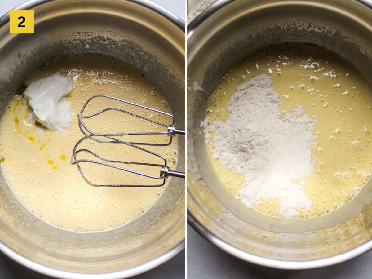 Step-by-step collage of mixing wet ingredients and sugar using an electric mixer, then adding dry ingredients.