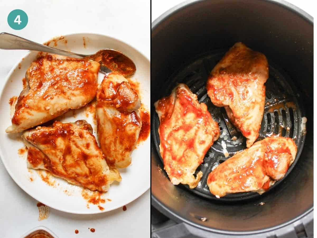 Applying seasoning paste on thawed on chicken thighs after initial cooking time and placing them back in the air fryer basket.