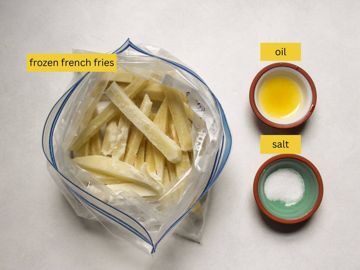 Recipe ingredients for making air fryer French fries from frozen.