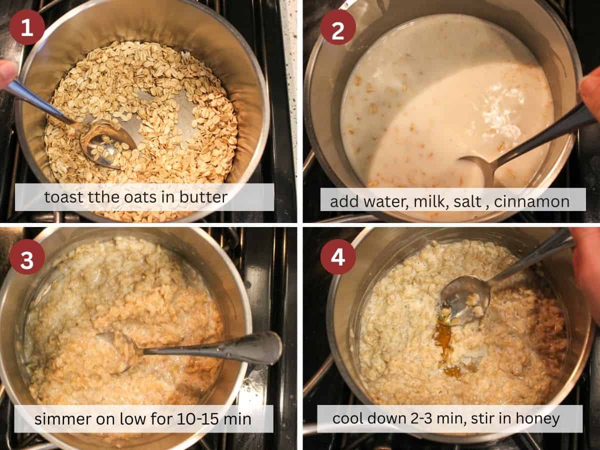 Step-by-step photo collage showing how to make honey oatmeal from toasting oats to simmering and adding raw honey