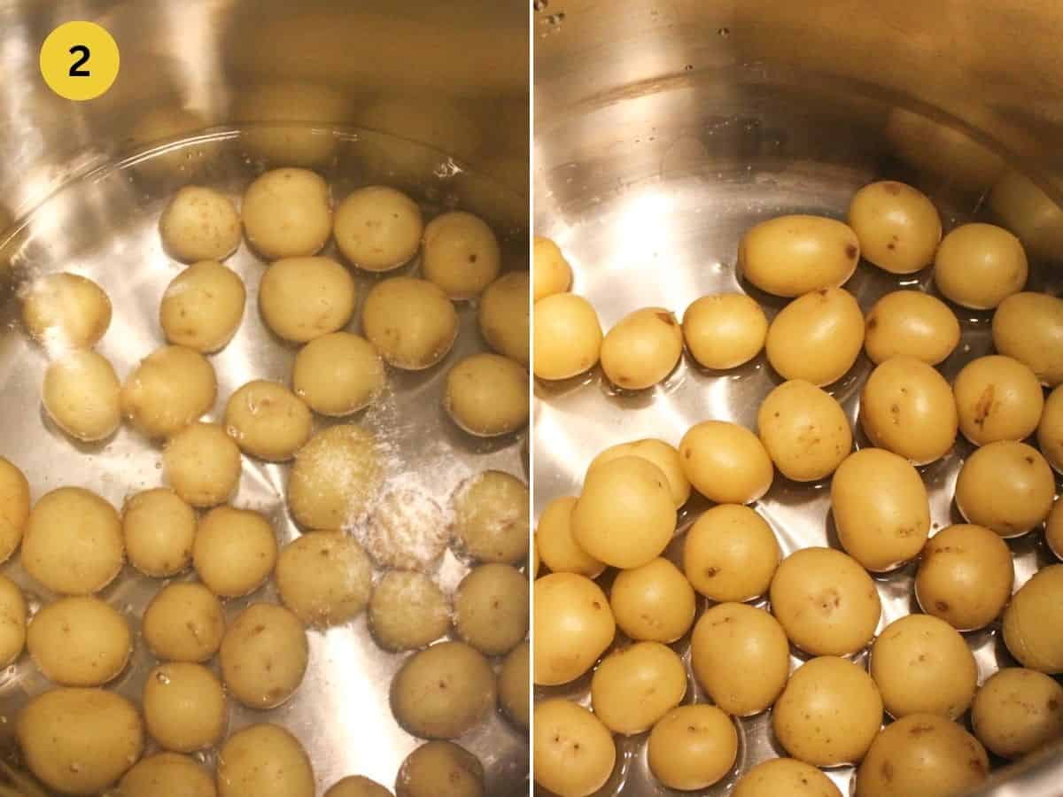 Whole potatoes are boiled and then drained in a large pot.