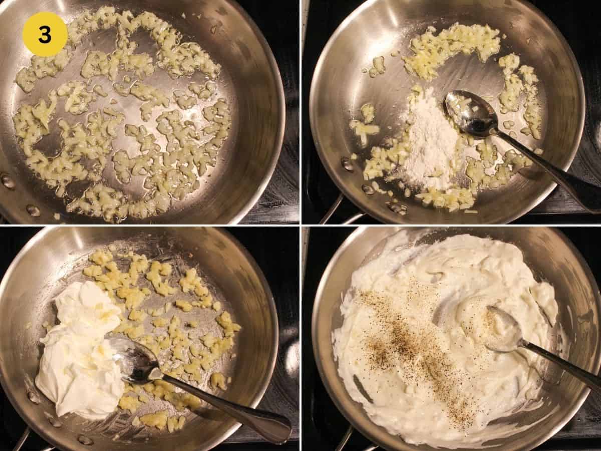 Making the sour cream sauce in a stainless steel skillet: sauteing diced onion, adding flour, stirring in the sour cream, seasoning the sauce.