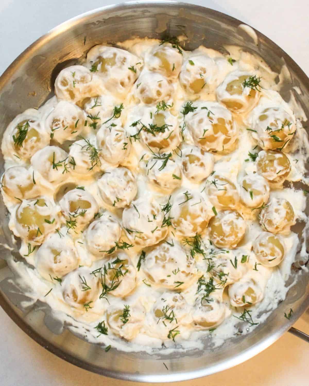 Boiled baby potatoes in creamy sour cream sauce, topped with fresh dill in a skillet.