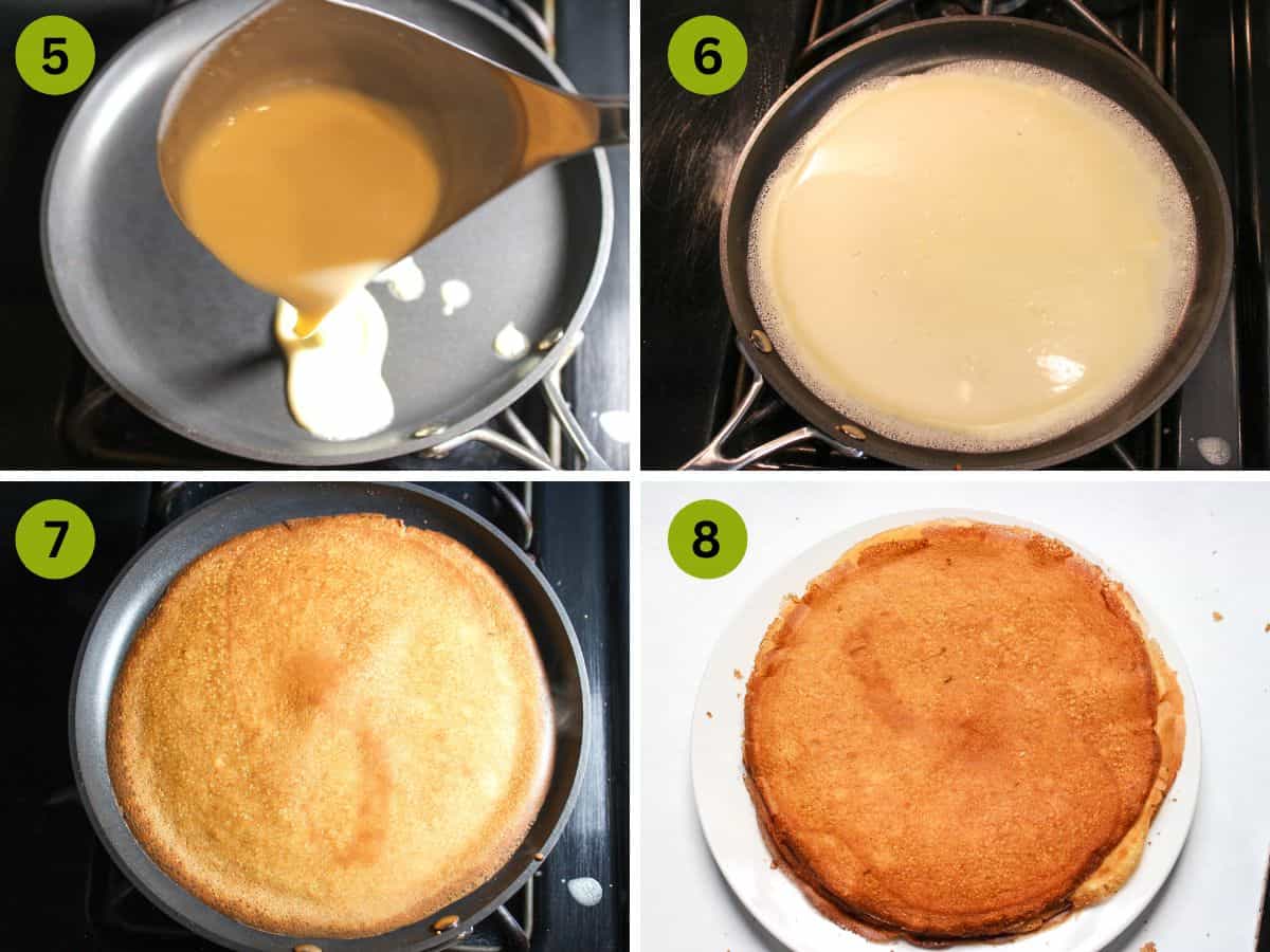 Step-by-step instructions on how to cook crepes using a crepe pan.