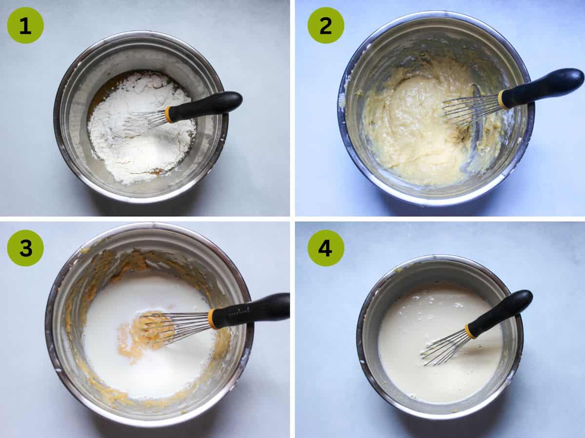 Step-by-step instruction on how to make classic crepe batter with milk, butter or oil, sugar, salt, flour and milk.