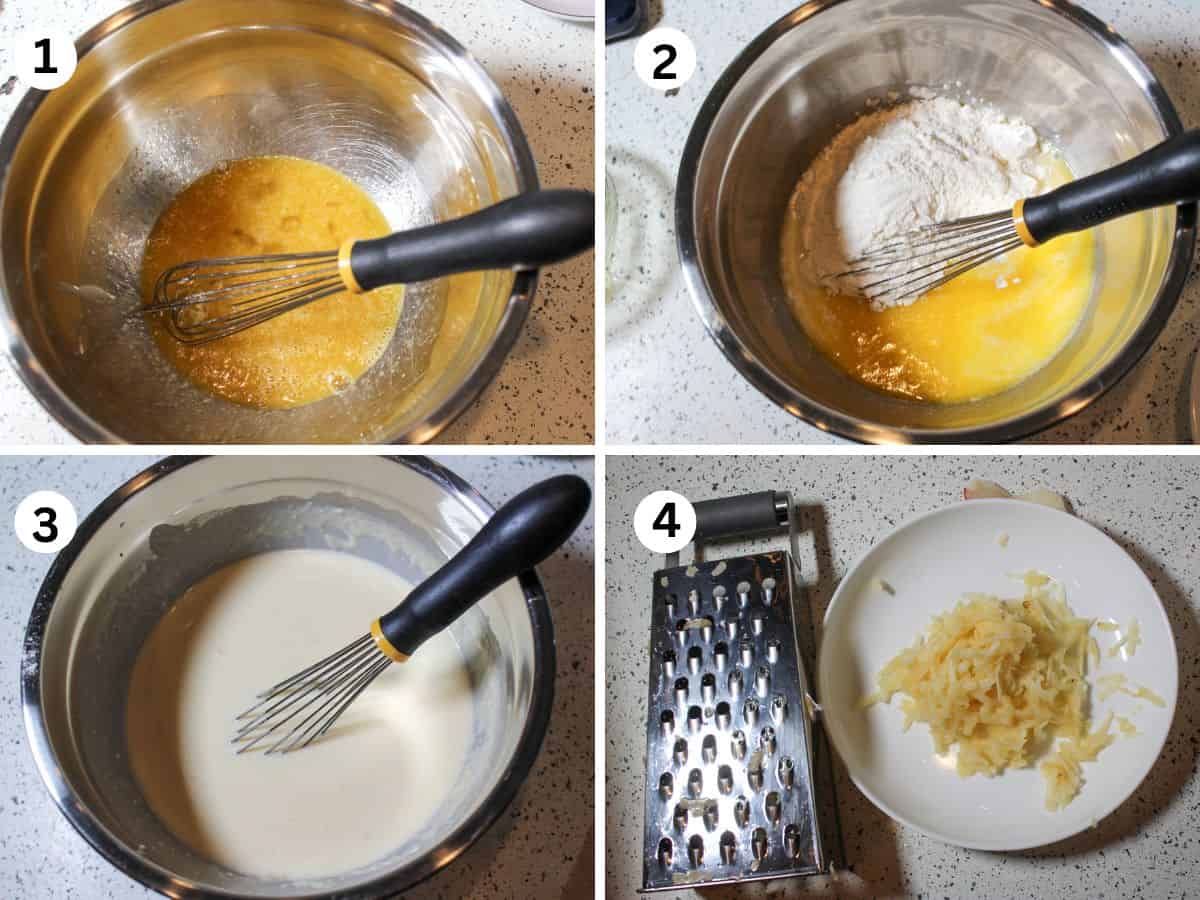 Step-by-step process of making the crepes batter and grating the apple. 