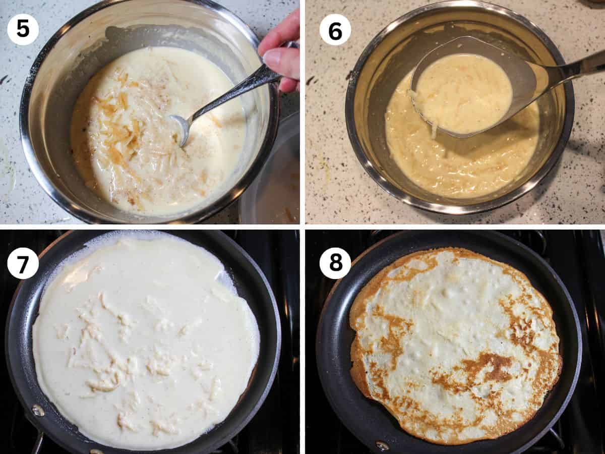 Adding grated apples and cinnamon to the batter. Thin crepes are cooked in a crepe pan, flipped when browned on other side. 